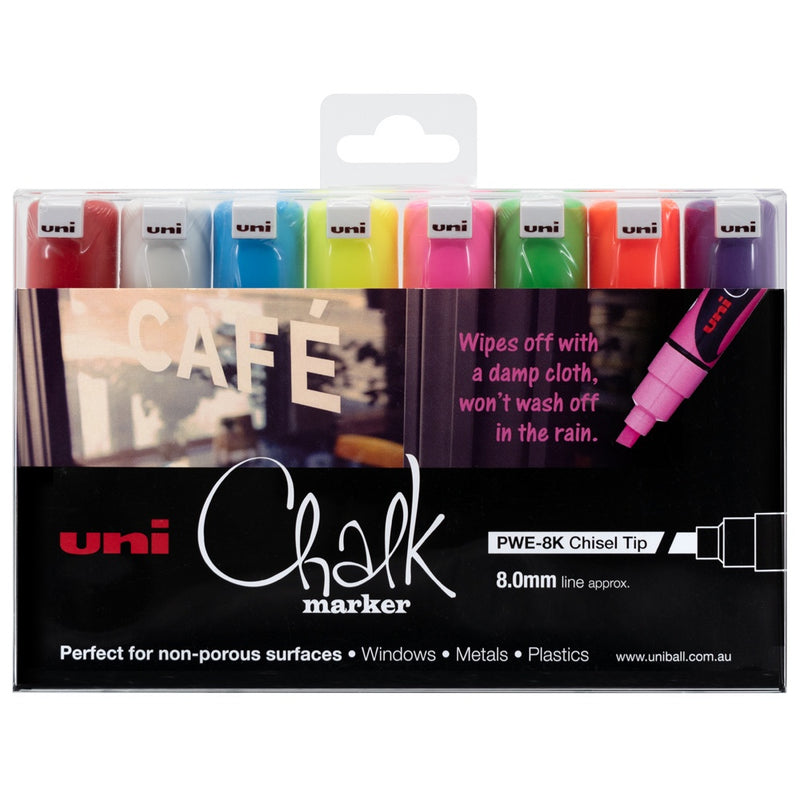 Uni Chalk Marker 8.0mm Chisel Tip 8 Pack PWE-8K