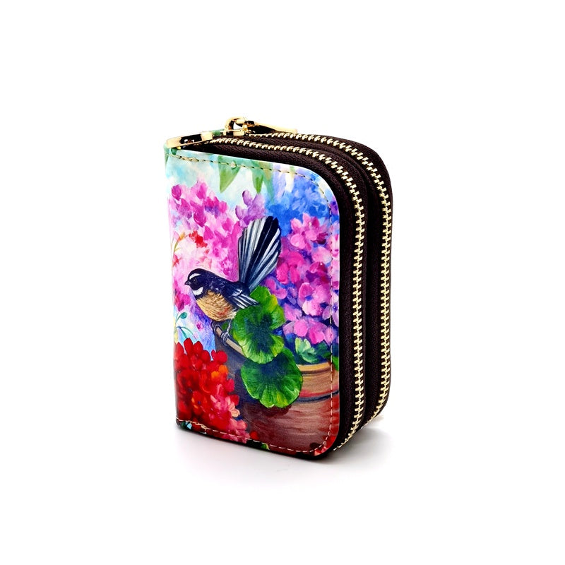 Fantail Birds on Pot - Double Zipped Card Holder Wallet