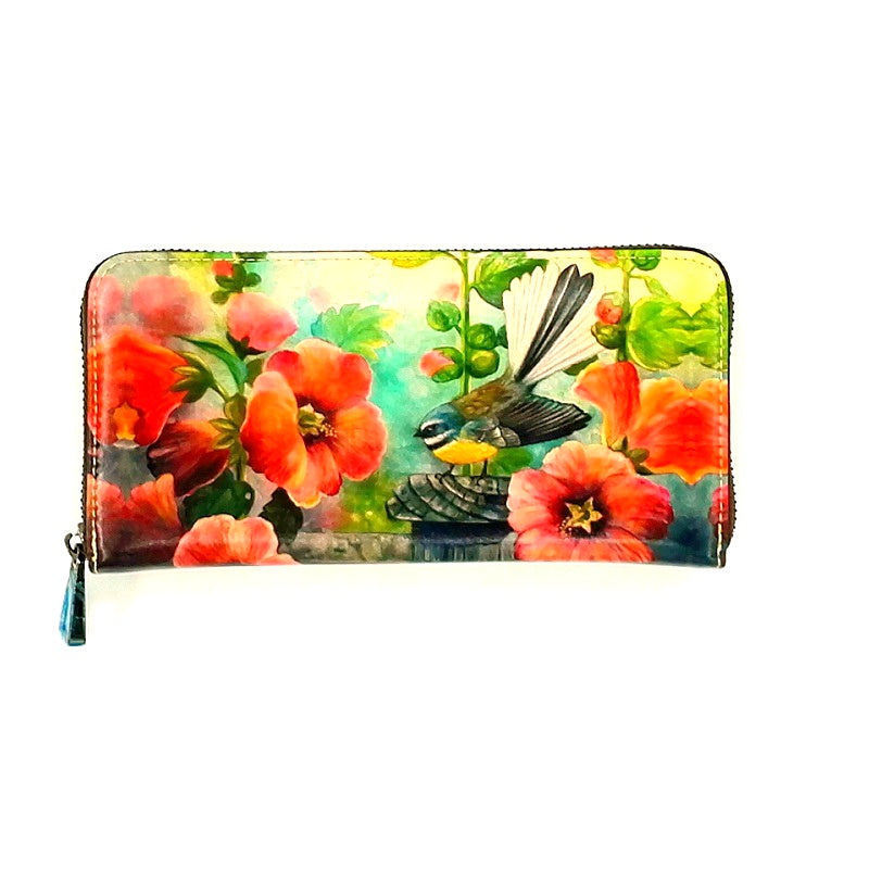 Hibiscus Flower & Fantail Birds - Zip Around Long Wallet