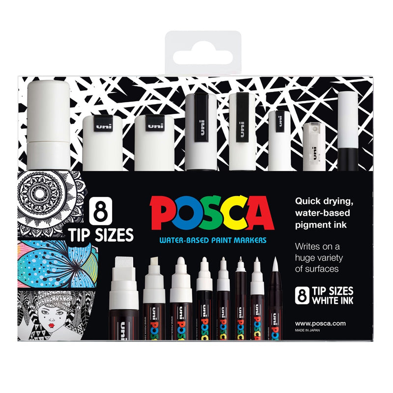 Posca Paint Markers - White Set Pack of 8 Tip Sizes