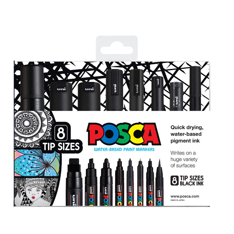 Posca Paint Markers - Black Set Pack of 8 Tip Sizes