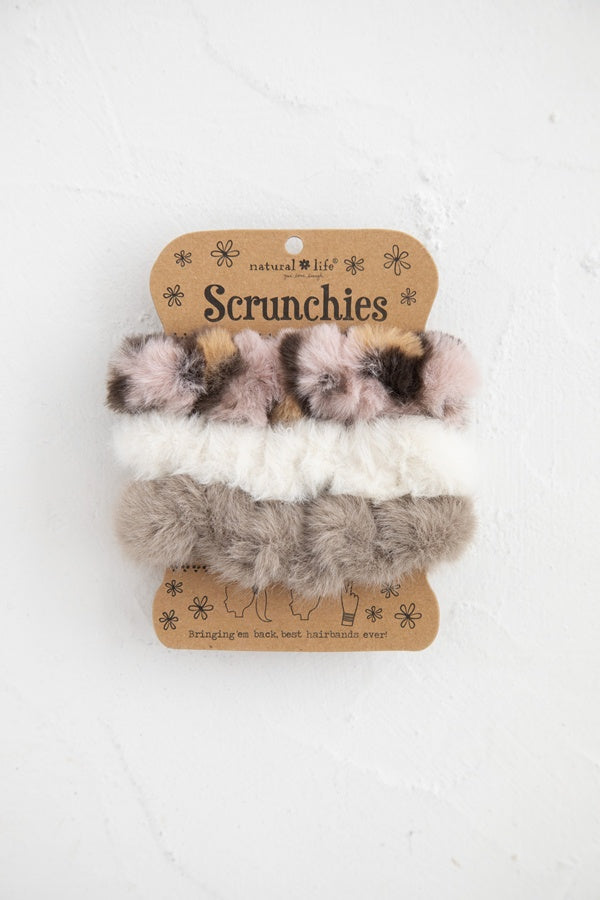 Fuzzy Scrunchie Set Of 3 Tan Cream