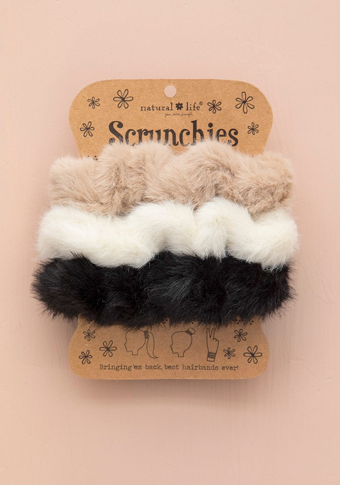 Fuzzy Scrunchie Set Of 3 Cream Black