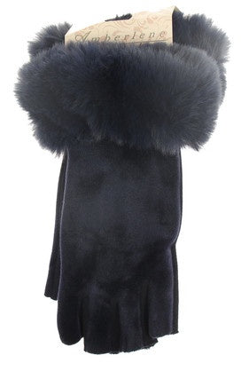 Fingerless Gloves - Velvet with Faux Fur Trim - Navy