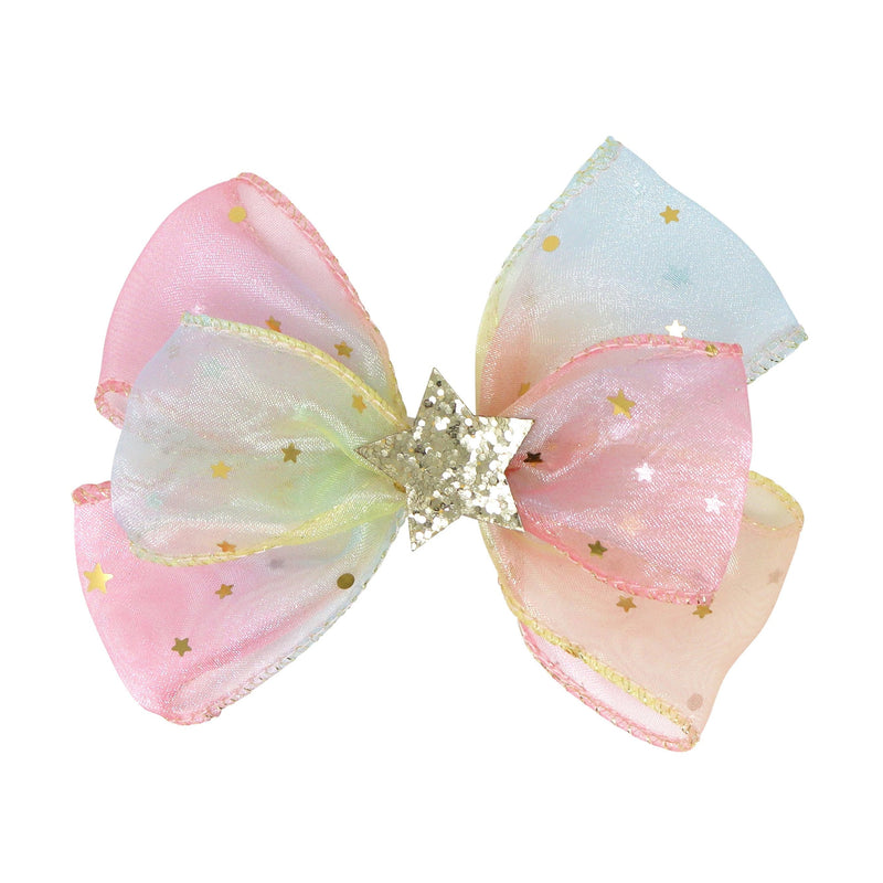 Pink Poppy - Organza Bow Hair Clip with Star & Moon Sequins - Rainbow