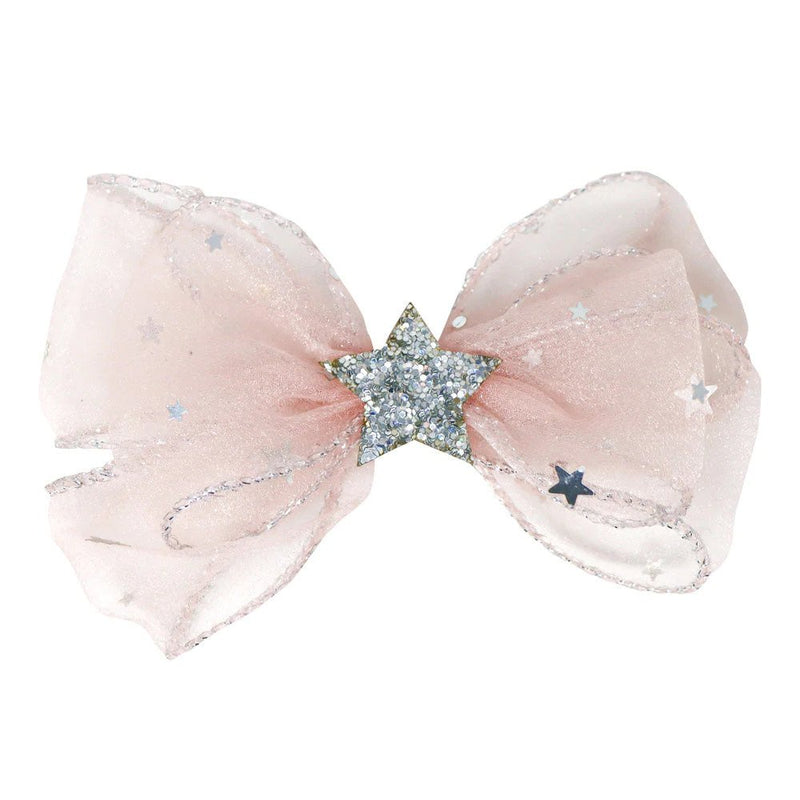 Pink Poppy - Organza Bow Hair Clip with Star & Moon Sequins - Pink