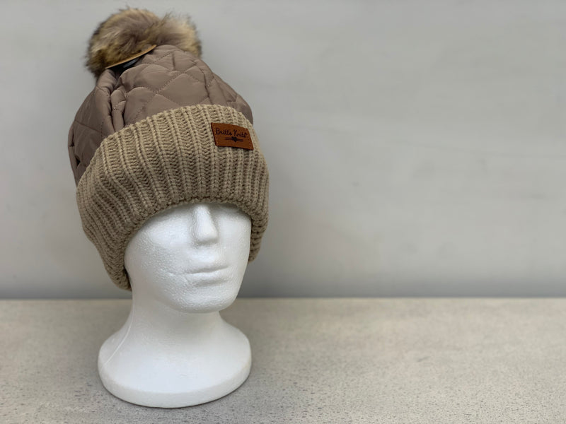 Quilted Puff Hat with Pom Pom - Taupe