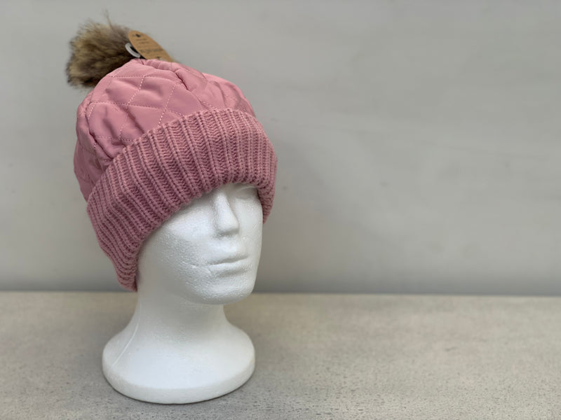 Quilted Puff Hat with Pom Pom - Blush